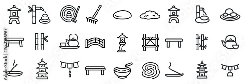 Zen garden outline icons set – linear, meditation, tranquility symbols for relaxation