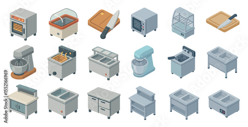 Kitchen equipment icons set in isometric style – culinary, cooking, appliance symbols