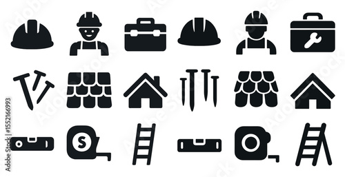 Construction tools filled icons set – solid, building, repair equipment symbols