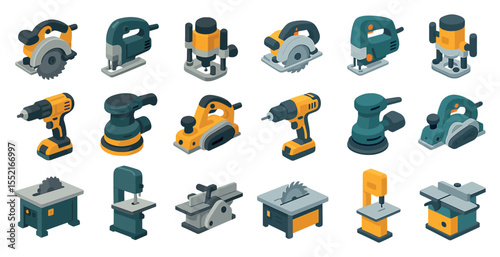Power tools isometric icons set – hardware, diy, construction equipment symbols