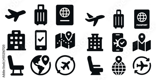 Travel and tourism solid icons set – filled, vacation, trip planning symbols