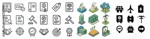 Renewable energy icons set – isometric, solar, wind power and sustainability symbols