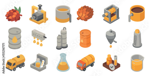 Oil production isometric icons set – refinery, extraction, industrial tools
