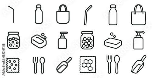 Eco-friendly outline icons set – sustainable, green, reusable product symbols