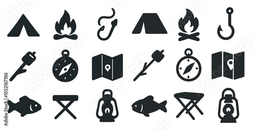 Camping and outdoor solid icons set – filled, adventure, wilderness symbols