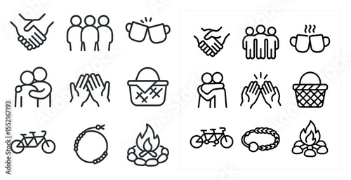 Community and togetherness line icons set – outline, linear, social and bonding symbols