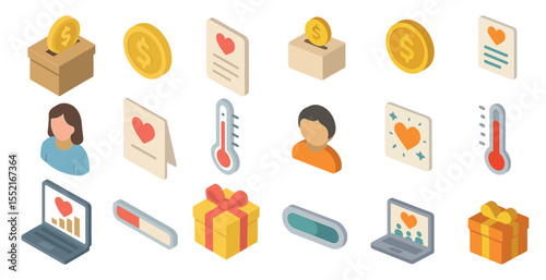 Charity and donation icons set – isometric, philanthropy, fundraising visuals