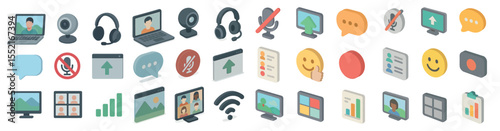 Video conference isometric icons set – meetings, communication, virtual collaboration