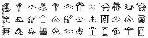Desert travel outline icons set – line, silhouette, adventure and exploration symbols