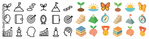 Success and growth icons set – outline, flat, progress and development symbols