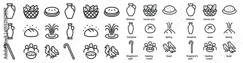 Biblical story outline icons set – linear, silhouette, religious symbols and themes