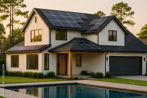 Modern Sustainable American Home In Houston With Solar Roof Panels And Green Energy Architectural Design Concept