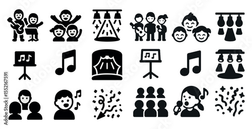Music and concert silhouette icons set – solid, filled, performance symbols