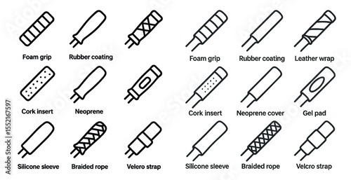 Fishing pole grip options outline icons set – rubber, silicone, handle styles