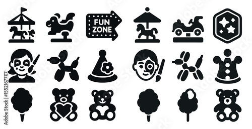 Amusement park solid icons set – fun, playful, entertainment symbols