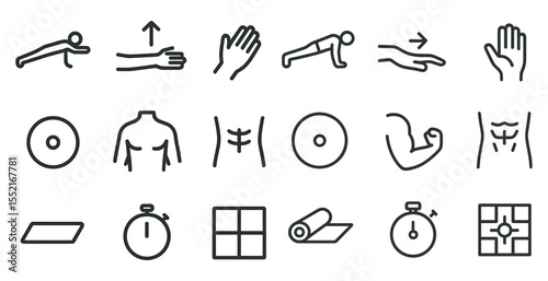 Fitness and exercise outline icons set – linear, workout, training symbols
