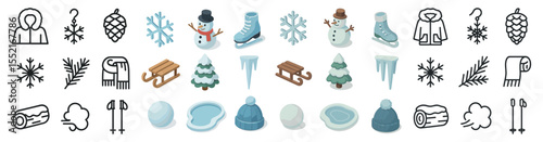 Winter and snow flat icons set – seasonal symbols for cold weather and holidays