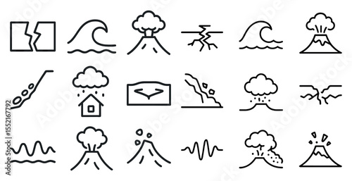 Natural disaster outline icons set – waves, volcano, earthquake symbols