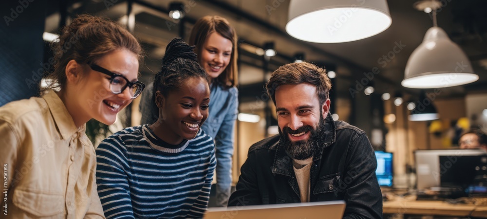 Obraz premium The engaging gathering of professionals collaborating on a laptop in a modern office setting.