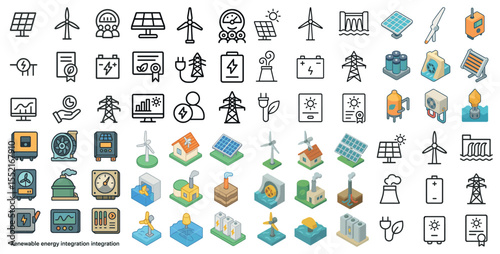 Renewable energy icons set – flat, outline, eco-friendly and sustainable symbols