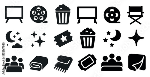 Cinema and movie solid icons set – filled, flat, film and entertainment symbols
