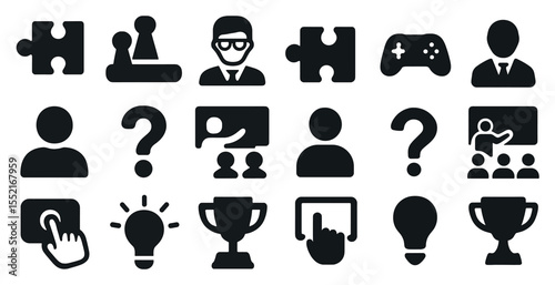 Business and strategy solid icons set – flat, silhouette, corporate and planning symbols