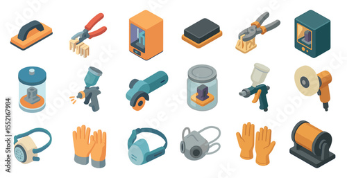 Industrial tools isometric icons set – flat, workshop and construction symbols