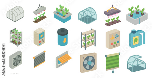 Greenhouse equipment icons set – isometric, gardening, horticulture essentials