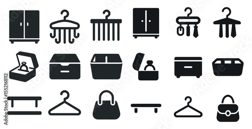 Home organization solid icons set – storage, closet, hangers and decluttering essentials