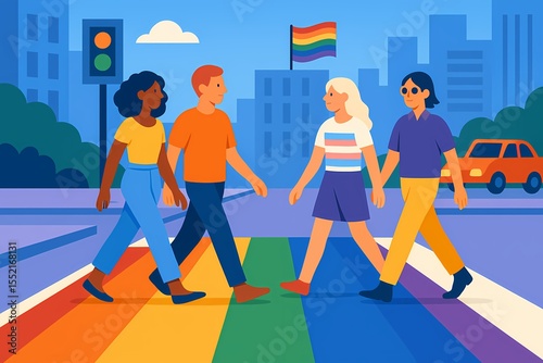 Diverse people walking on rainbow crosswalk in city, AI generated