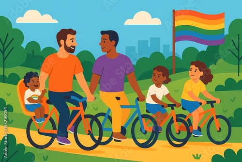 Two-dad family cycling through the park with rainbow flag, AI generated