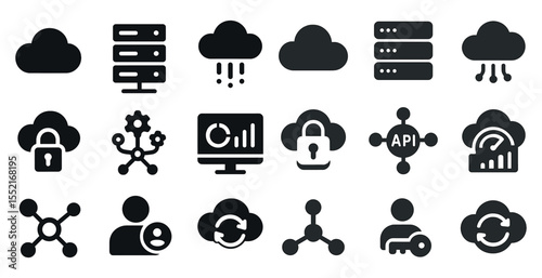 Cloud computing filled icons set – silhouette, solid, data and network symbols