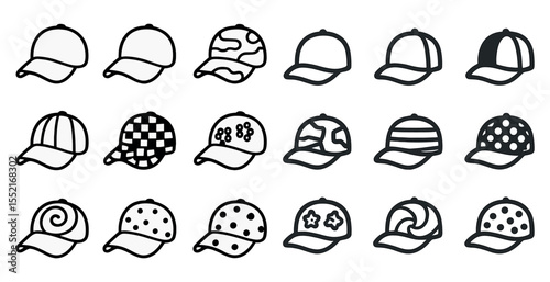 Hat styles outline icons set – caps, fashion accessories, baseball hats