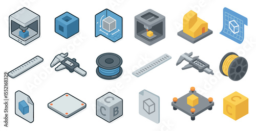 3d printing icons set – isometric, cad, additive manufacturing symbols
