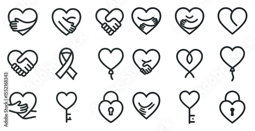 Charity and support line icons set – outline, hand, heart and care symbols