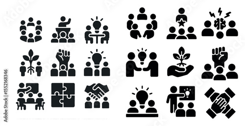 Teamwork silhouette icons set – solid, filled, collaboration and teamwork symbols