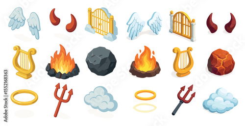 Heaven and hell isometric icons set – divine, infernal, religious symbols