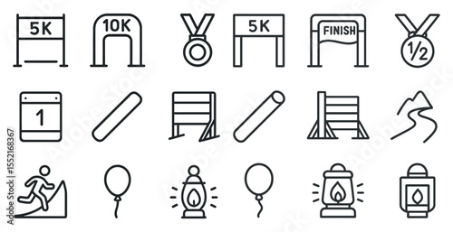 Race and marathon outline icons set – running, fitness, event symbols