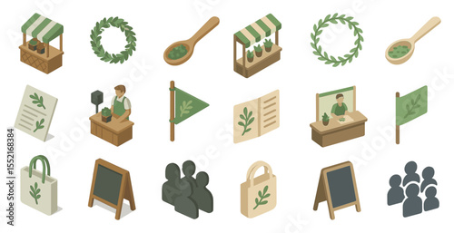 Gardening and market isometric icons set – 3d, shopping, plant symbols