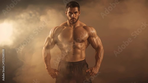  A muscular athlete stands confidently in a cloud of smoke, showcasing a beautifully sculpted, powerful physique that reflects strength, dedication, and the intense discipline of physical training