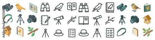 Birdwatching line icons set – outline, flat, nature and wildlife observation symbols