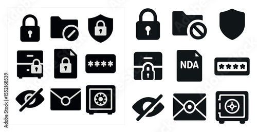 Security and privacy solid icons set – filled, safe, data protection symbols