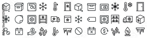 Cold storage outline icons set – flat, solid, refrigeration and temperature symbols
