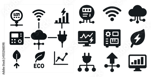 Smart technology solid icons set – flat, filled, network and connectivity devices