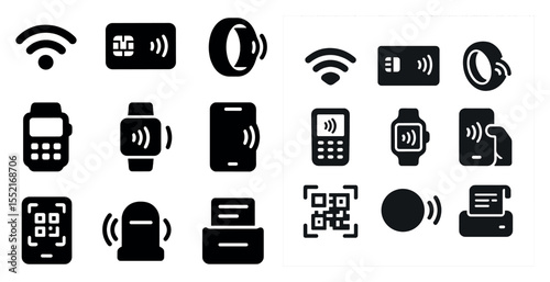 Wireless payment solid icons set – fintech, contactless transaction symbols