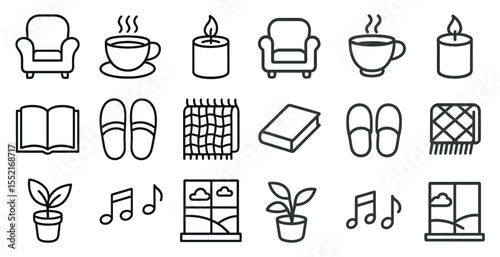 Cozy living outline icons set – linear, home comfort and relaxation symbols