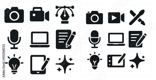Creative design solid icons set – flat, filled, graphic and digital symbols
