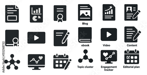 Content creation solid icons set – filled, writing, digital media graphics