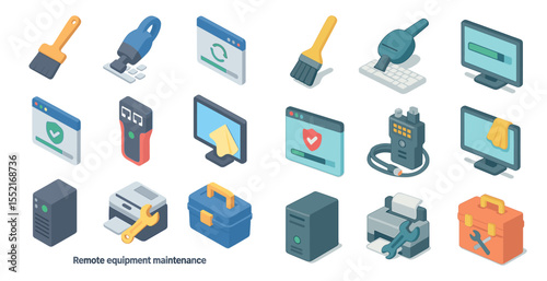 Remote equipment maintenance isometric icons set – repair, toolbox, tech symbols