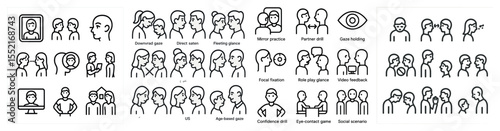 Communication skills outline icons set – linear, conversation, interaction symbols